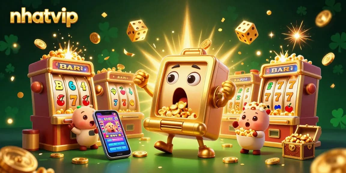 Nhatvip's golden slot machine hits a jackpot, showering coins with baby machines cheering, showcasing online casino excitement.