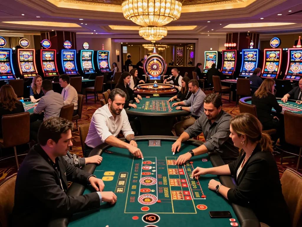 Exciting casino action at uu8855 with players engaged at tables and vibrant slot machines in the background.