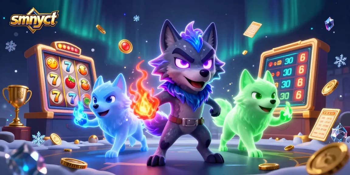 Experience the thrill of smnyct with a dynamic 3D gaming scene featuring lucky symbols and spectral wolves.