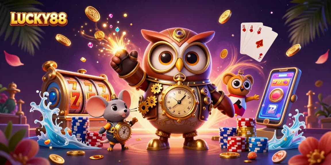 Spin lucky reels with LUCKY88 in this vibrant casino adventure illustration.