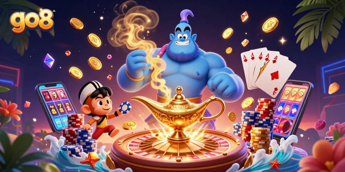 Win big with go8 in a vibrant casino scene featuring a genie, poker chips, and sparkling treasures.