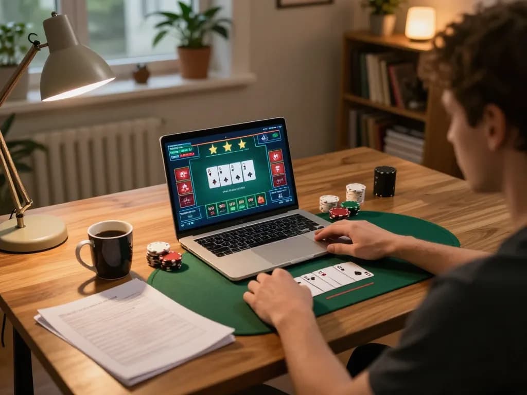 Play online poker on TR88, showcasing engaging gameplay at a cozy home setup.