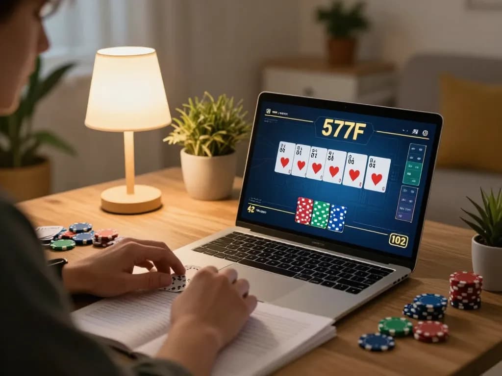 Player enjoying the strategy of 577F poker on a laptop at home with betting notes laid out.