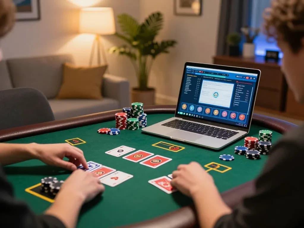 tr88 players engaged in poker strategy during online gaming session with colorful chips and warm lighting