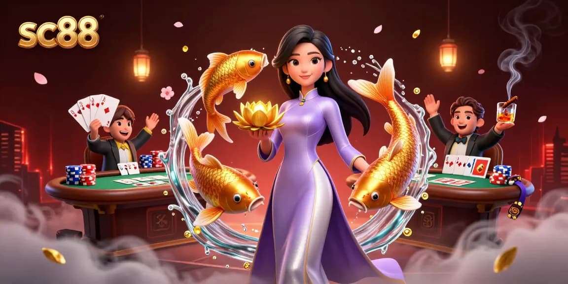 Experience winning with sc88's vibrant online casino atmosphere featuring 3D characters and game elements.