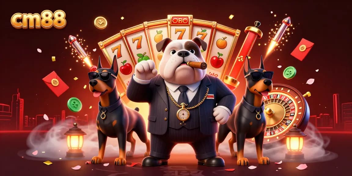 Experience thrilling casino fun with cm88's vibrant scene featuring a bulldog mafia boss and dynamic game elements.