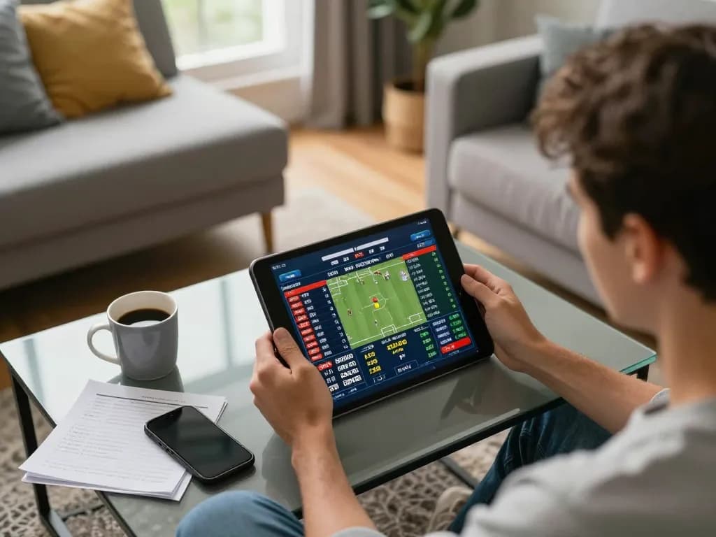 Betting strategy session using tablet for mb66-t online sports betting in a cozy living room.