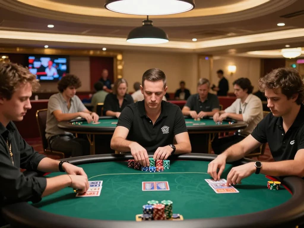 Players strategizing in a competitive poker tournament at S666 casino venue with vibrant atmosphere