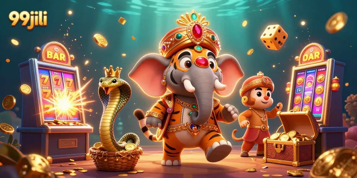 Experience thrilling wins at 99jili with a majestic illustration of jewel-encrusted characters surrounded by dynamic gaming elements.