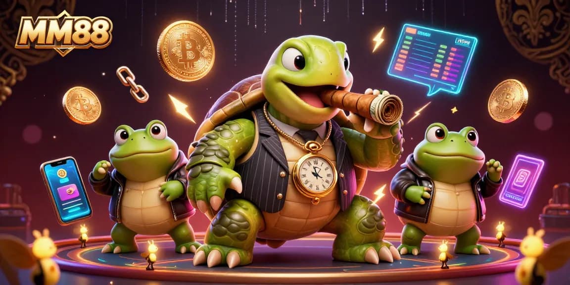 Experience the excitement of MM88 casino with a cartoon turtle, bullfrog enforcers, and vibrant crypto elements.