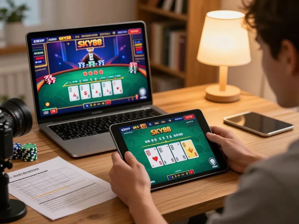 Engaging with SKY88 casino games on a tablet in a cozy home environment.