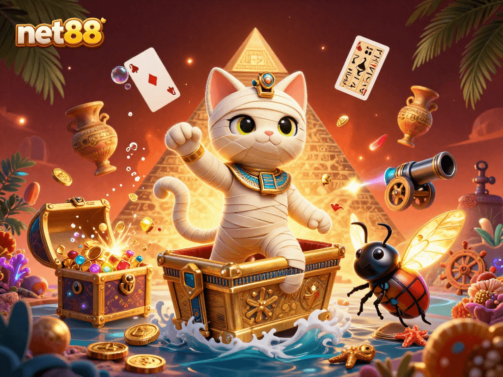 Experience net88 casino adventures with a dynamic Egyptian theme featuring a mummy cat and treasures.