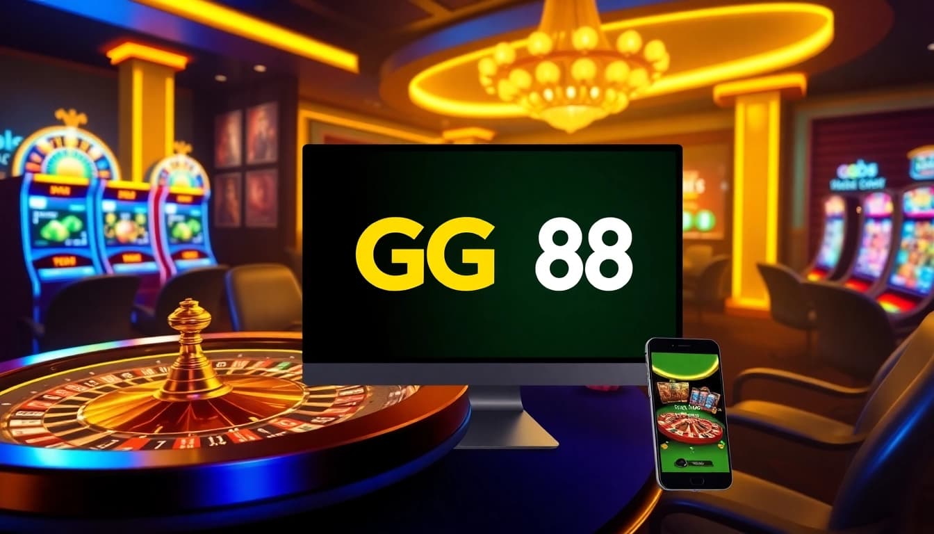 Engaging scene of GG88 showcasing a luxurious online casino experience with poker tables and slot machines.