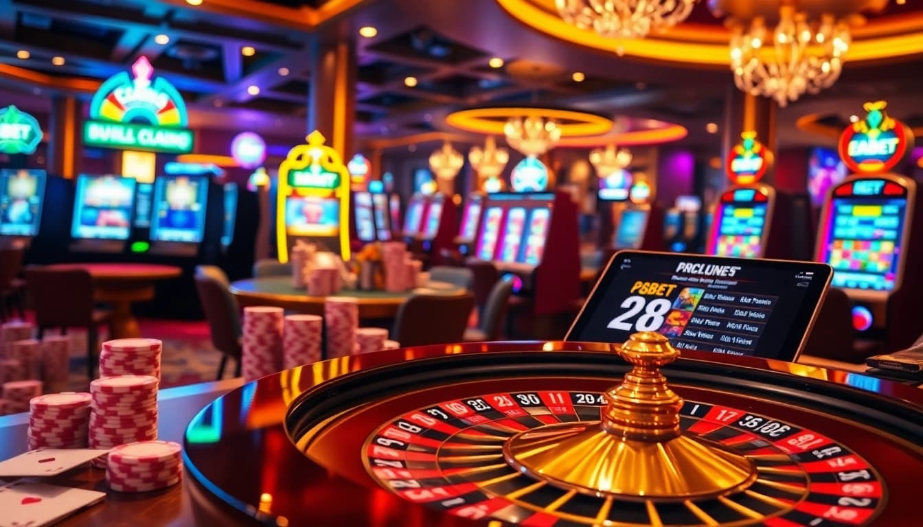 Experience the thrill of 28BET with a luxurious casino setting featuring roulette, poker chips, and betting slips.