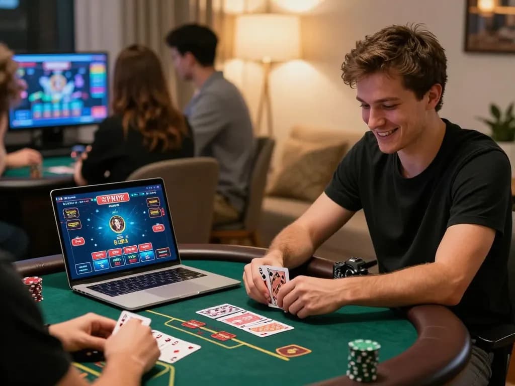 Players enjoying a game of blackjack at 79KING's online casino platform, showcasing cards and chips in action.
