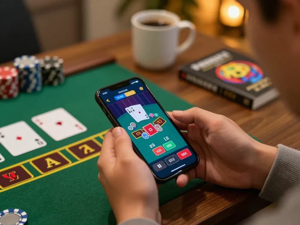 Engaging gameplay on okfun mobile app during a blackjack session in a comfortable home setting