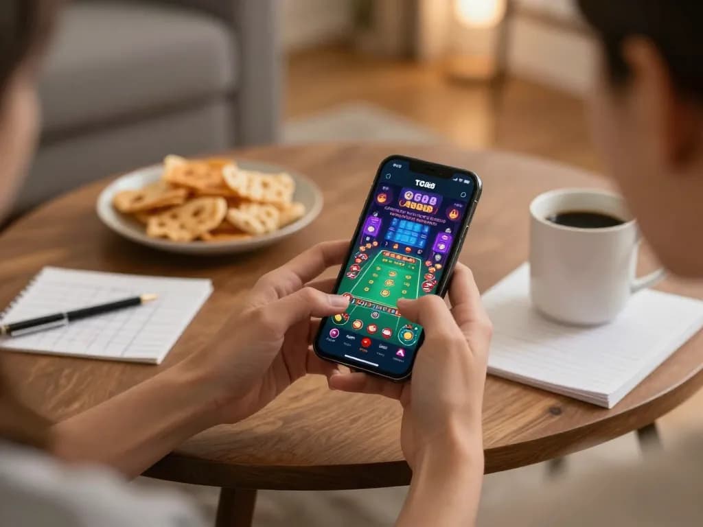 TG88 mobile app gameplay with user strategizing their bets in a cozy home setting