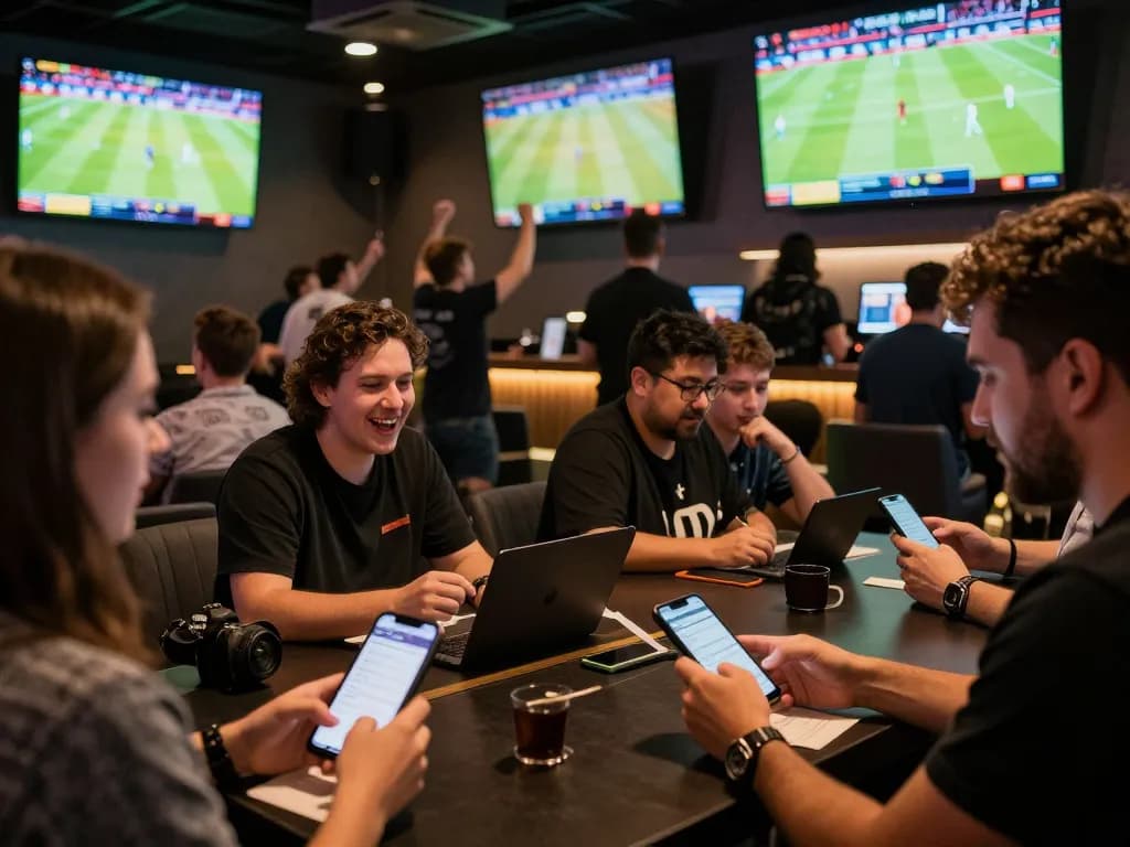 Engaging live sports betting scene at KO66 with fans excitedly placing bets.