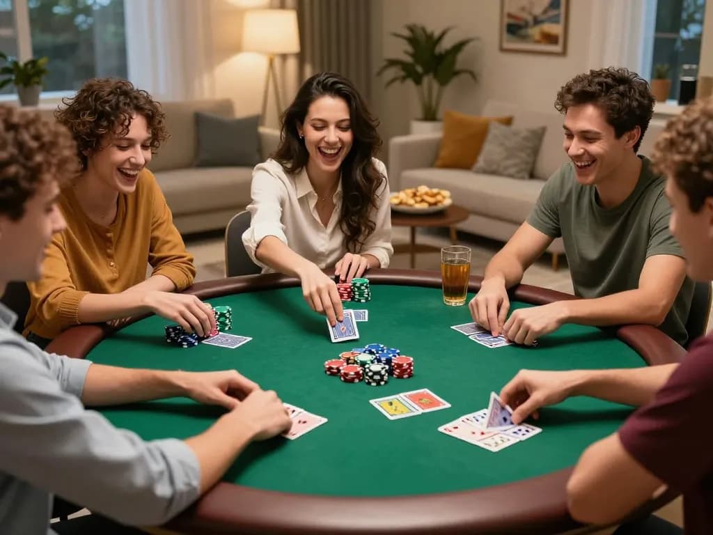 Friends enjoying a lively poker game on hit-club, showcasing strategy and excitement in a cozy home setting.