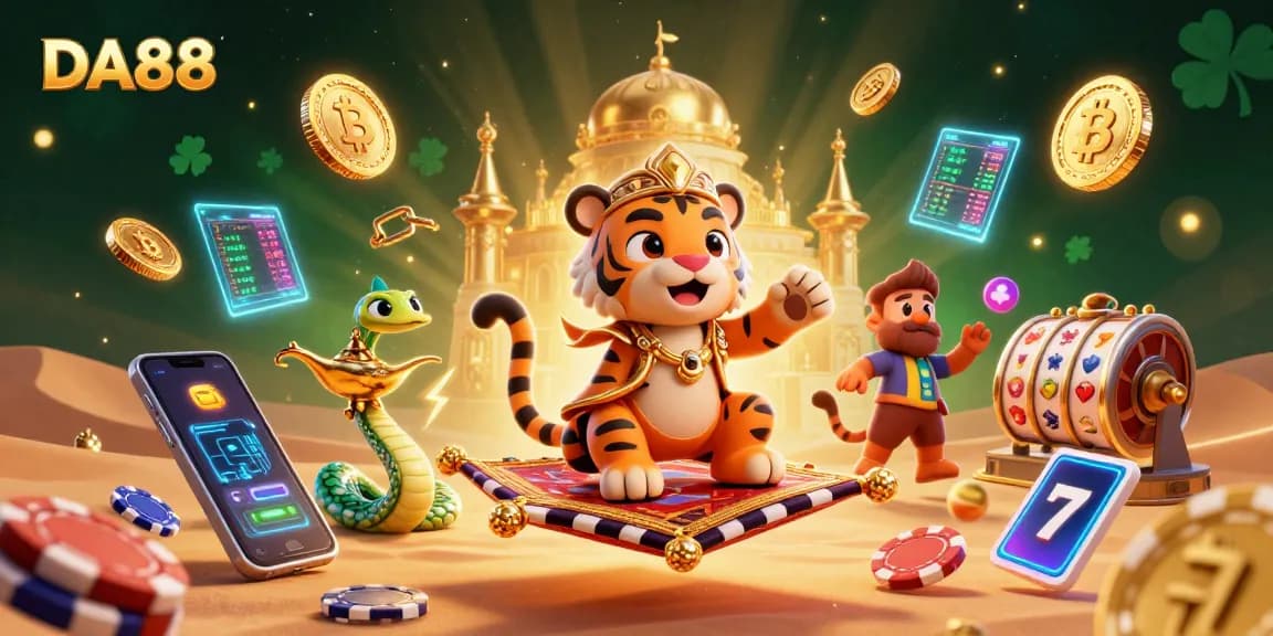 Experience the DA88 thrill with a vibrant 3D casino illustration featuring a majestic tiger sultan surrounded by slot reels and crypto coins.