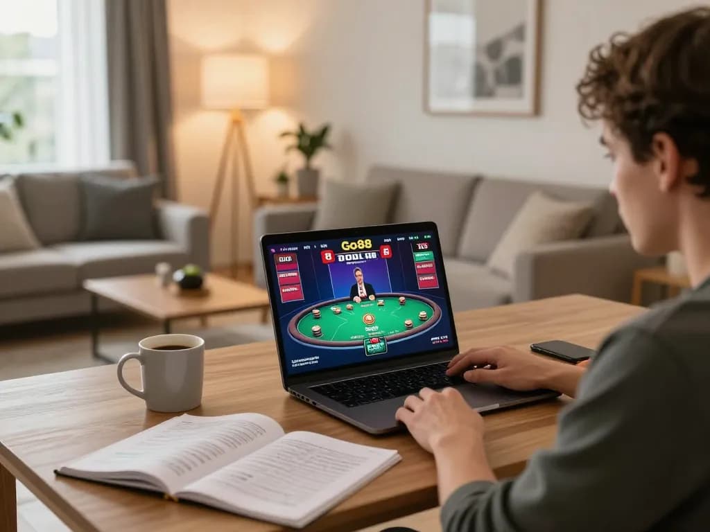 Engaging in Go88 online casino gaming on a laptop in a cozy home setting