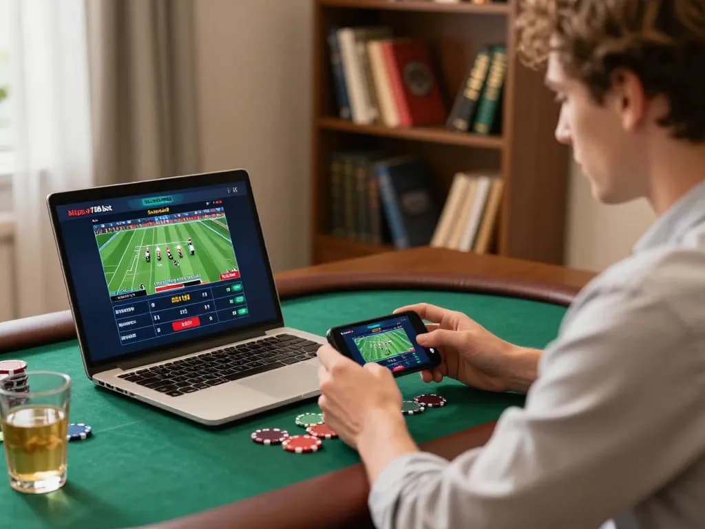 Engaging in live dealer poker online at https://v788.biz/ with laptops and smartphones illustrating modern gambling.
