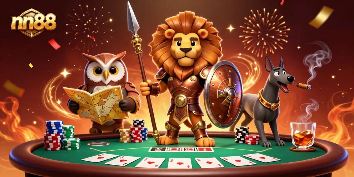 Witness nn88's thrilling poker action with vibrant characters and lively gaming elements in a festive atmosphere.