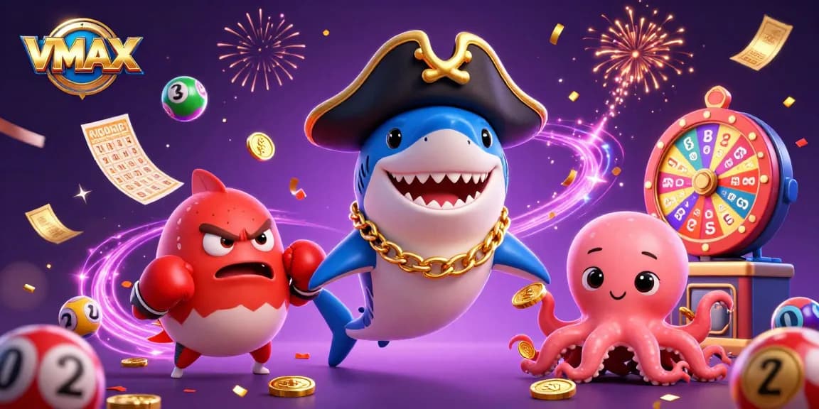 Win exciting prizes with VMAX in this vibrant casino-themed illustration featuring dynamic lottery elements.