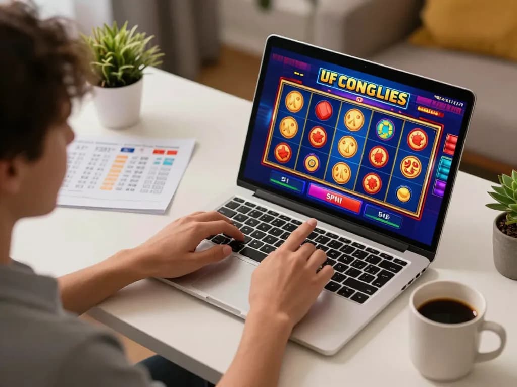 Engaging online slot session at home with player at laptop, featuring vin88az visuals.