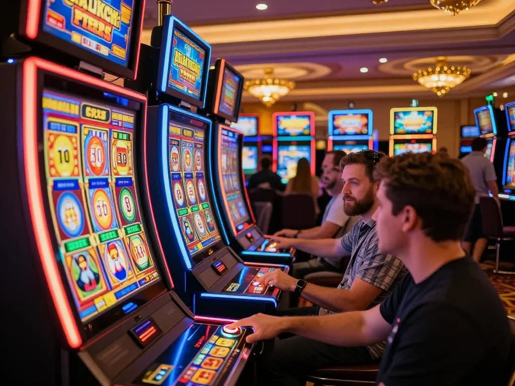 Players enjoying exciting slot machine games at cm88 casino, vibrant atmosphere and dynamic gameplay