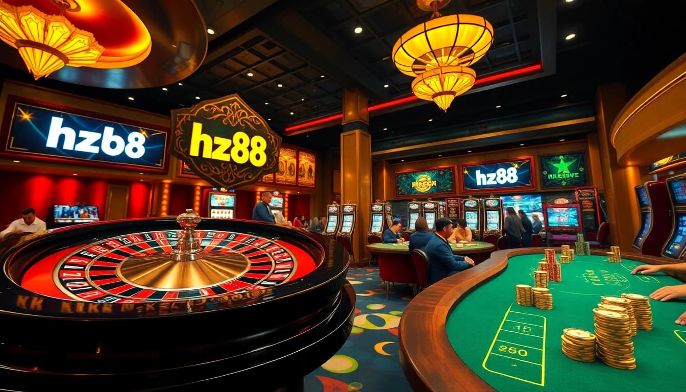Players celebrate wins at the hz88 casino table, surrounded by vibrant slot machines and rich decorations.