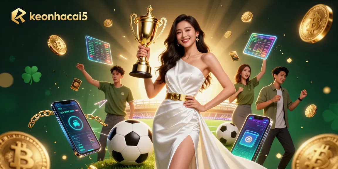 Bet on keonhacai5 with a confident Asian woman celebrating victory, surrounded by sports betting elements.