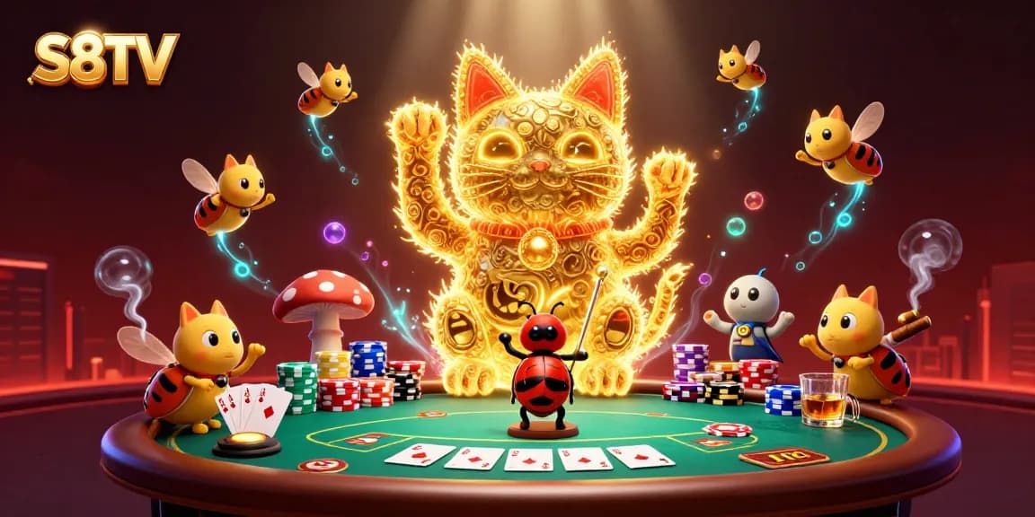 Experience thrilling action on S8TV with a lucky cat formation of fireflies amidst vibrant casino elements.