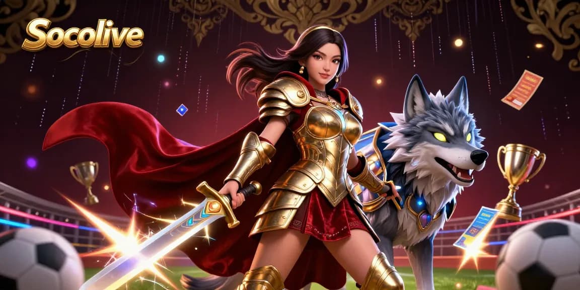 Socolive showcases an exciting sports betting scene with a warrior queen and a wolf, illustrating high-stakes action.