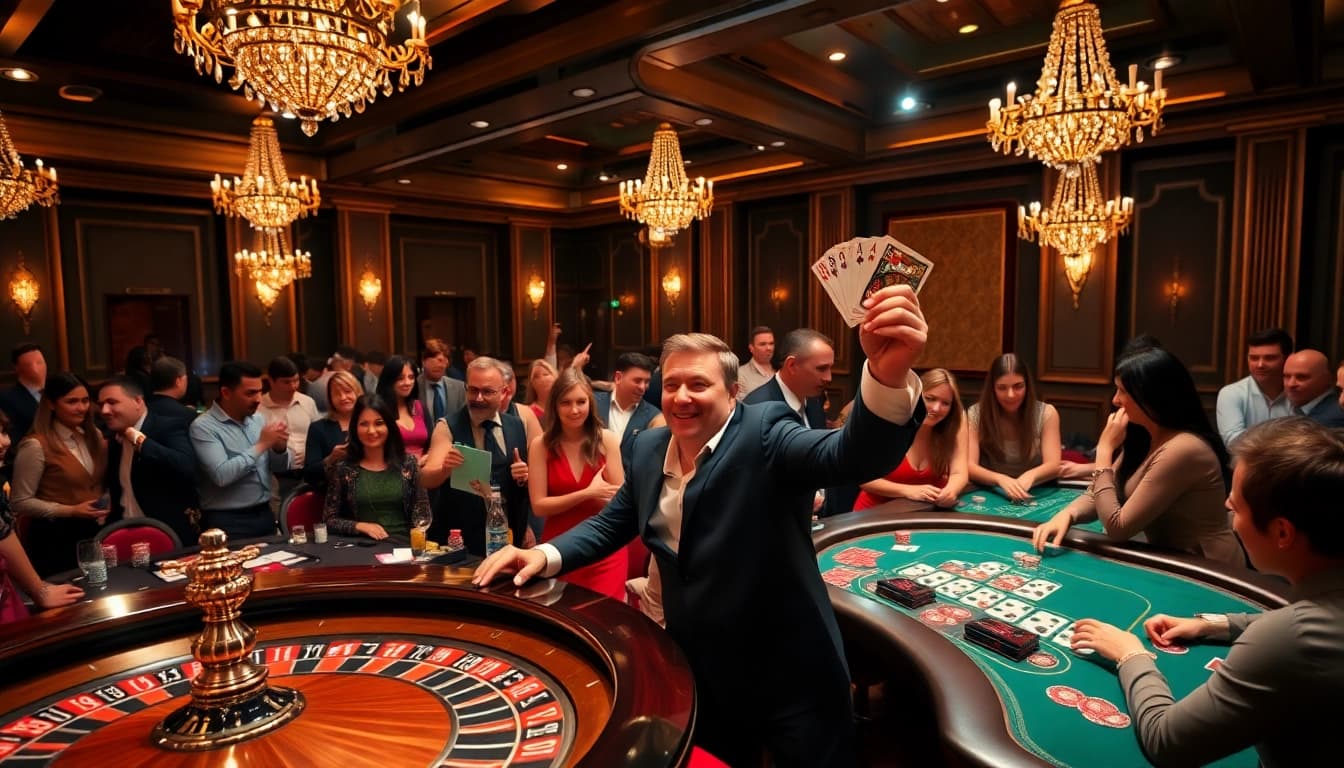 Engaging players enjoying a thrilling game at Luckywin's luxurious casino floor.