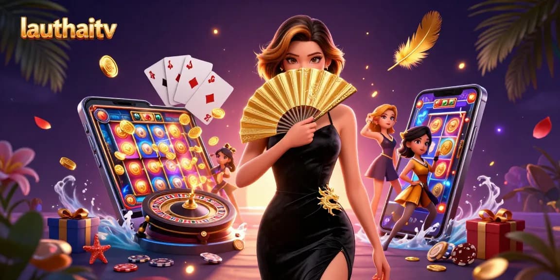 Experience thrilling gameplay with lauthaitv as a stunning Asian woman engages in vibrant casino action.