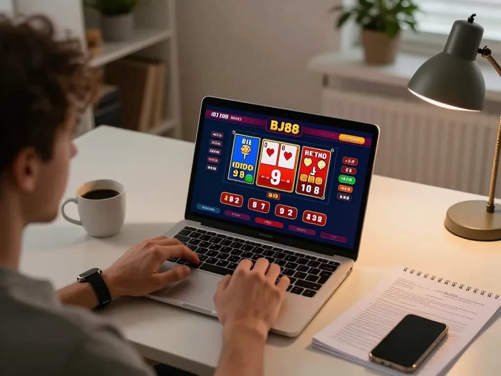 BJ88 casino online gameplay with vibrant interface on laptop on a cozy desk