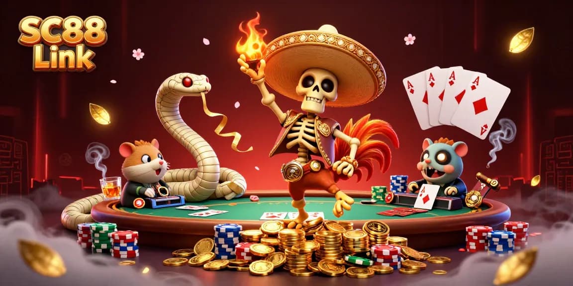 Experience the lively casino scene with SC88 Link featuring a mariachi skeleton celebrating amid poker chips and golden coins.