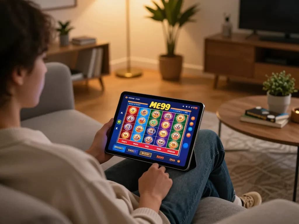 Enjoy playing with Me99 casino app, showcasing vibrant slot games on a tablet in a cozy living room