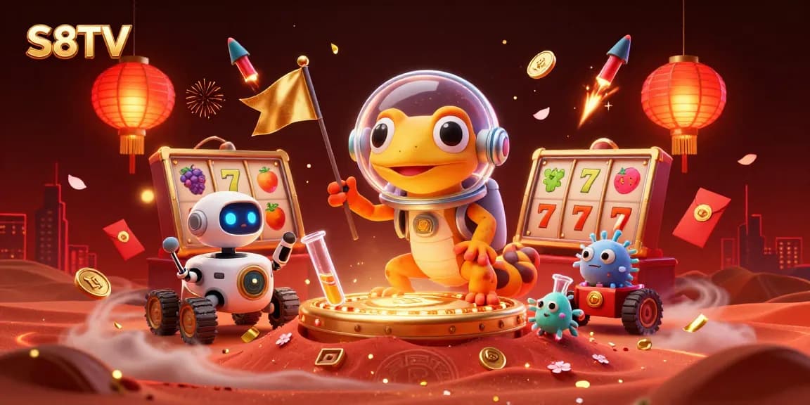 S8TV Martian gecko and robot explorer reveal a hidden golden casino in a vibrant space scene