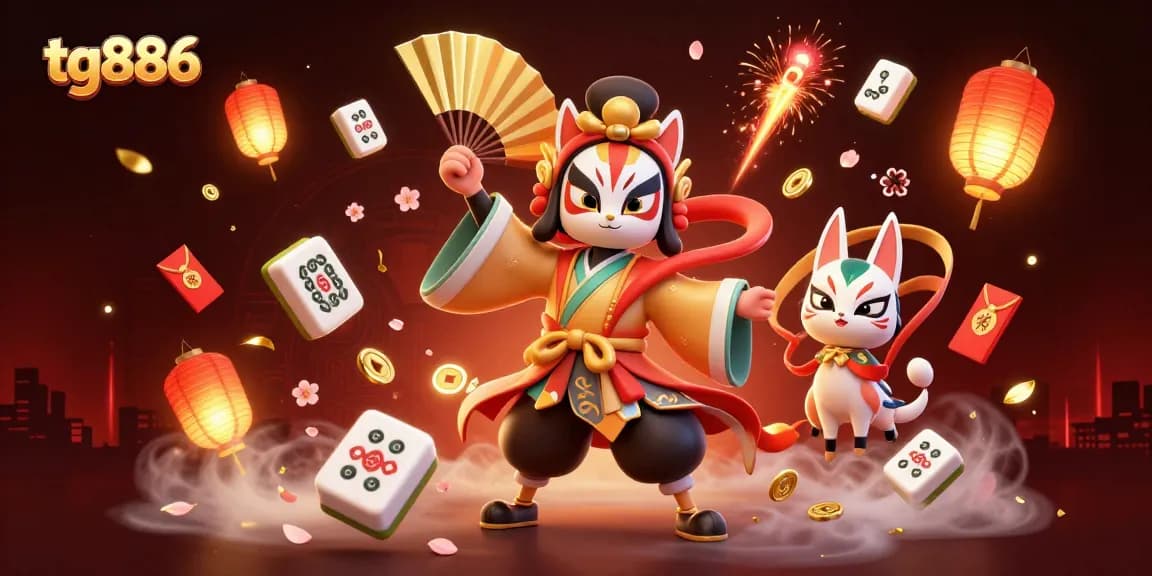 Engage with tg886's vibrant gambling scene featuring a kabuki warrior and festive decorations.