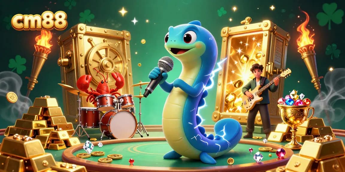 Experience the excitement of cm88 with vibrant casino scenes featuring an electric eel DJ and dynamic treasures.