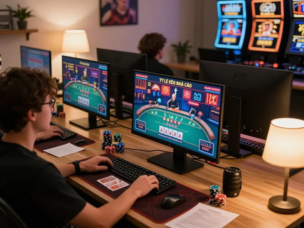 The person analyzes tỷ lệ kèo nhà cái during an online poker game session at a stylish gaming setup