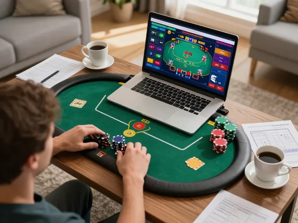 vipwin2 player enjoying online poker at home with strategy notes and laptop
