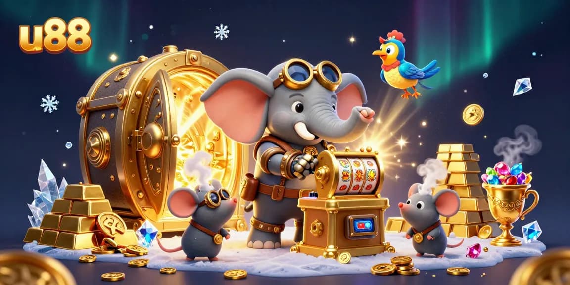 Experience stunning wins at u88 with our vibrant steampunk casino scene featuring a lively slot machine and treasures.