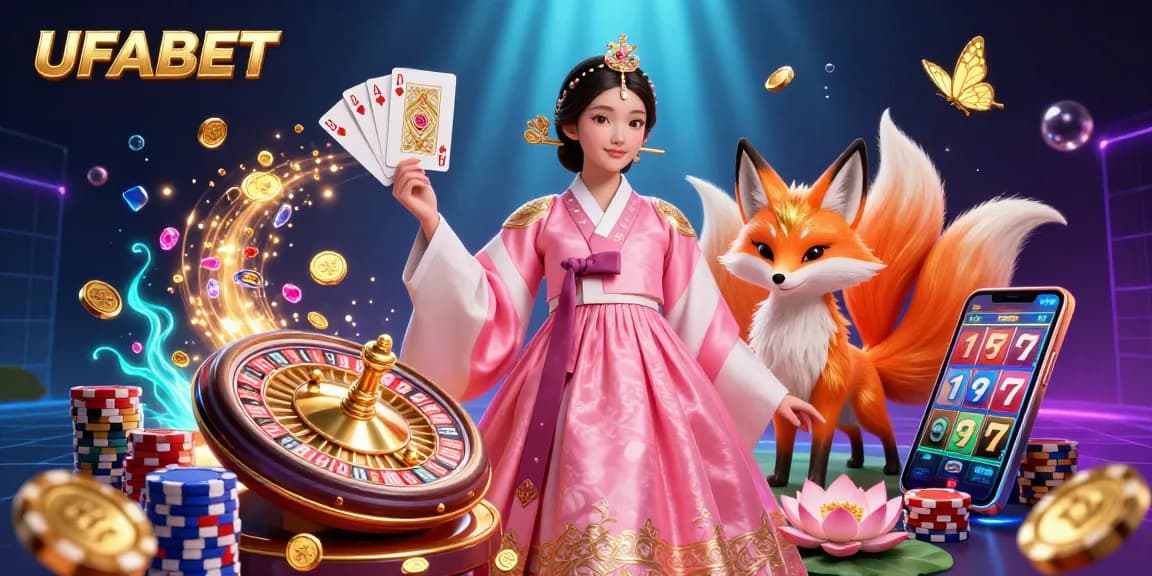 Experience the dynamic excitement of UFABET with vibrant characters and casino elements in an immersive illustration.