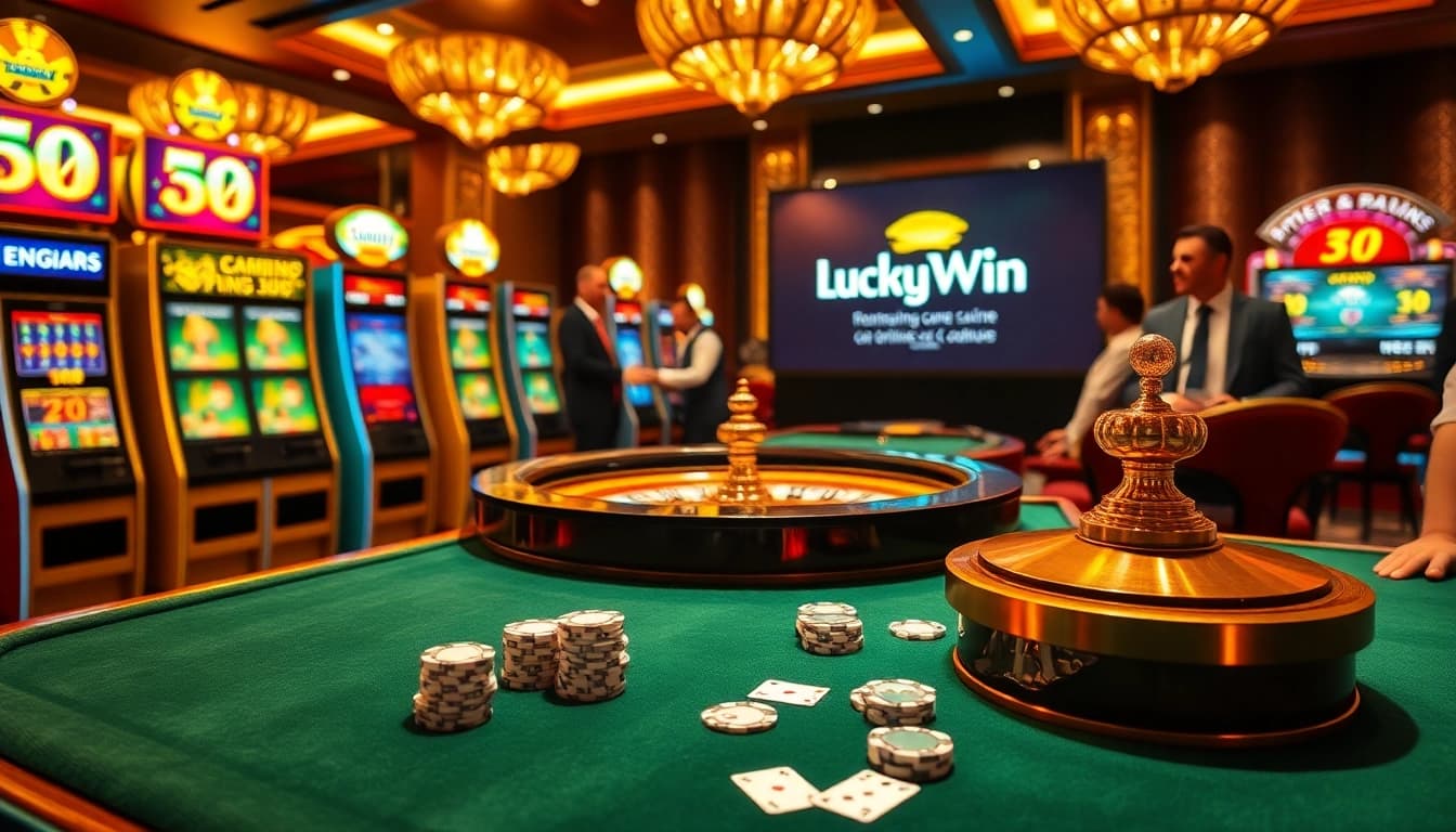 Experience thrilling gameplay at LuckyWin with vibrant slot machines and roulette tables.