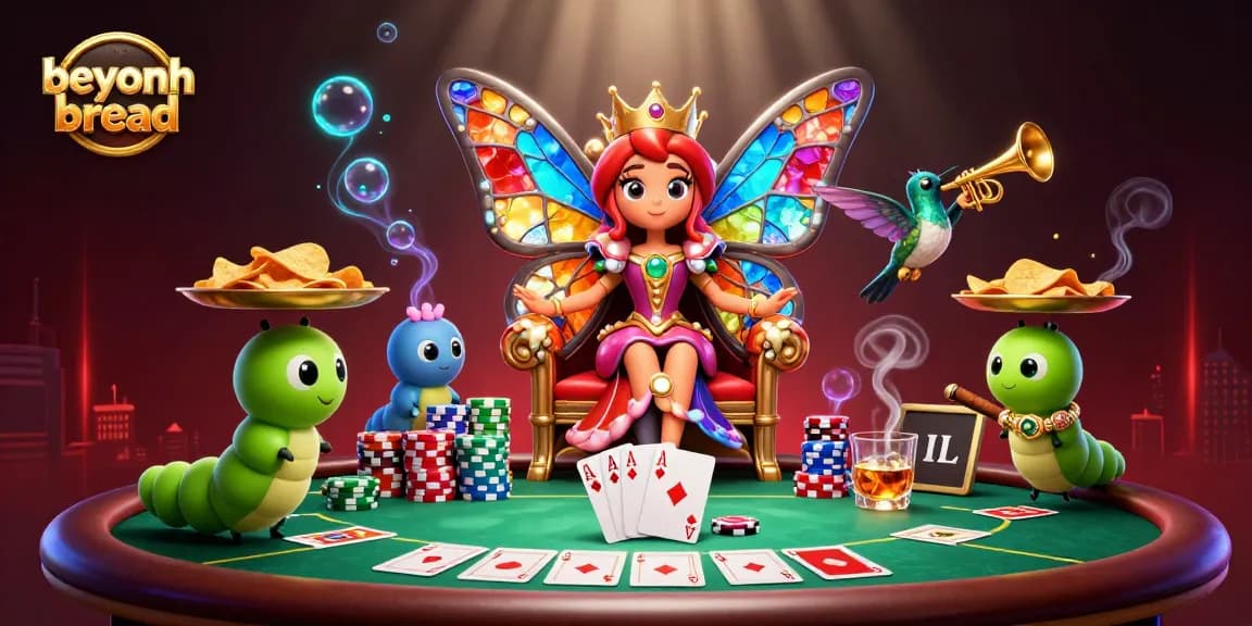 Engage with beyondbread's vibrant casino world featuring a butterfly queen and poker elements.
