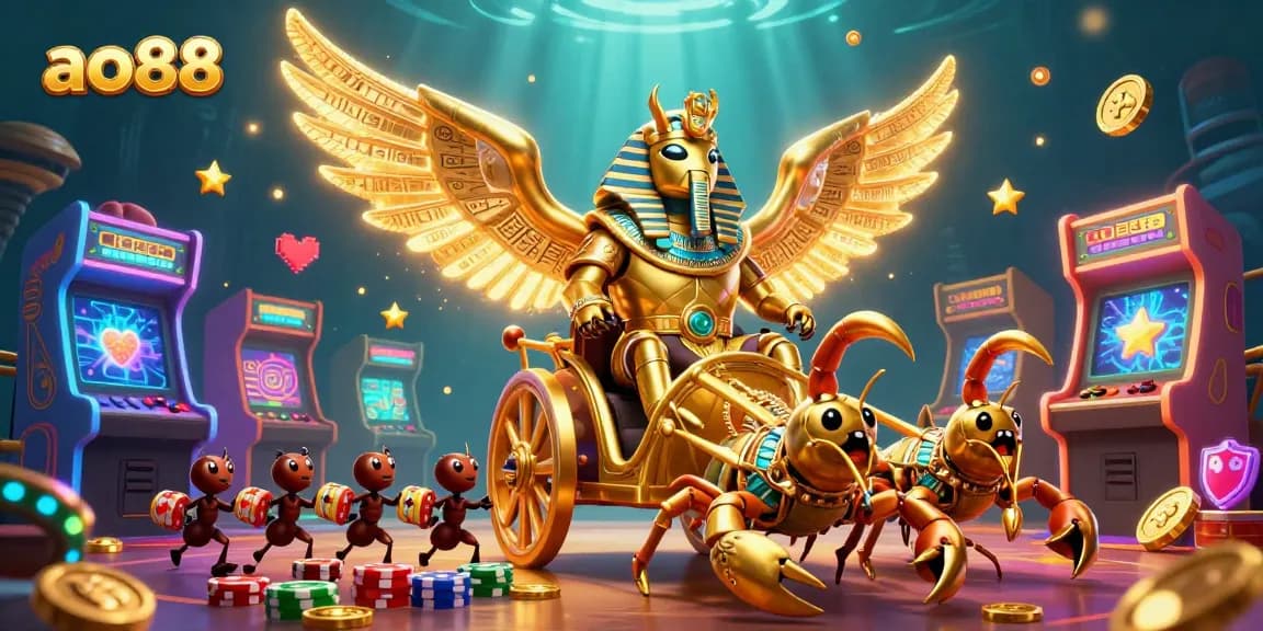 Spin the reels with ao88, featuring golden scarab beetle, neon arcade elements, and vibrant casino treasures.