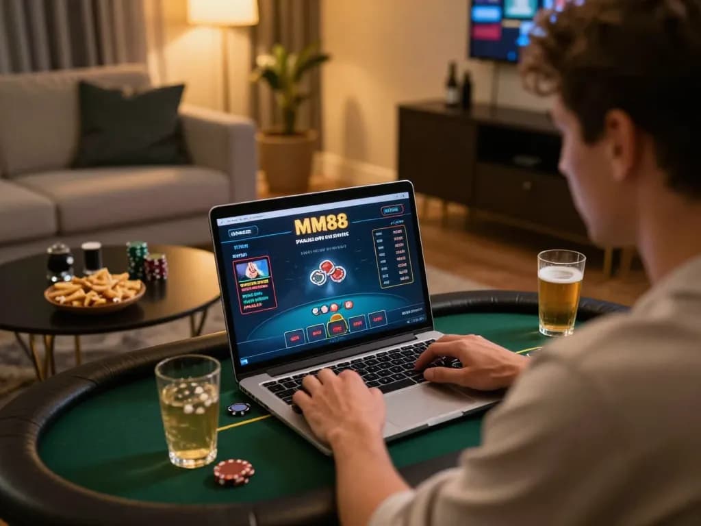 Engaging poker gameplay on MM88 platform from home, highlighting immersive online gaming experience.
